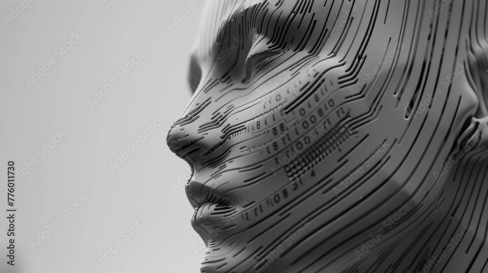 Futuristic robot face created from lines of binary code, appearing to ...