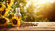 A clear glass bottle of golden sunflower oil and scattered seeds, with vibrant sunflowers in the background, captures the essence of summer on a wooden tabletop.