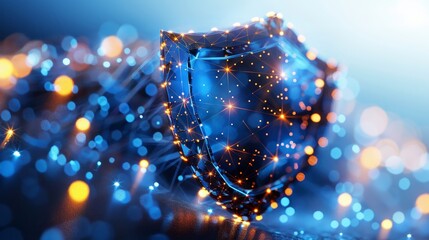 Fototapete - A low poly wireframe shield. Concept of Data Protection Design. Digital shield. Polygonal abstract isolated on blue background. Particles are connected in a geometric silhouette.