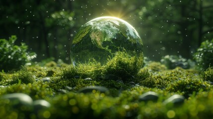 Poster - Concept of the environment, a glass globe in a grassy field