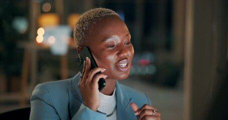 Aufkleber - Night, business or black woman on a phone call speaking, networking or talking in office. Computer, mobile communication or happy African entrepreneur in conversation, discussion or negotiation offer