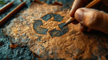 Aufkleber - Recycle and earth symbols drawn by male hand on brown recycled paper.