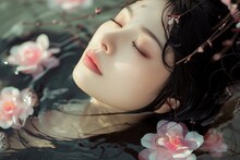 Beautiful Chinese Woman Floated Water. Summer Lake Face Slim Young. Generate Ai