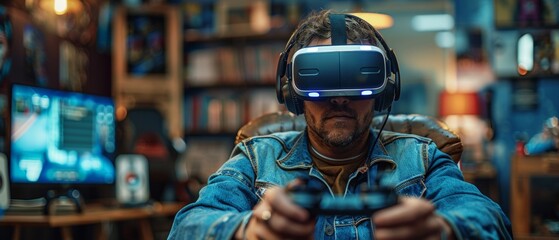 Aufkleber - The man in the picture is wearing a virtual reality headset and holds VR controllers in his hands. He is playing a game in a virtual reality metaverse. This is a young guy in 3D VR headset glasses