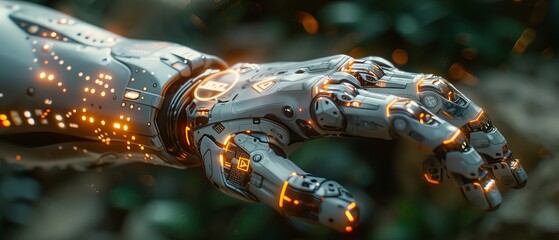 Poster - AI robotic arm presses a button with an AI logo. The cyborg hand touches the HUD with his index finger. AI bot in Industry 4.0. AI robotic hand taps HUD screen.