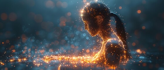 Poster - The human body is presented in the form of a low poly wireframe. A  polygonal image of the night sky with stars and shapes.