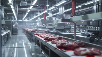 Wall Mural - Meat factory. Mass automated conveyor meat production