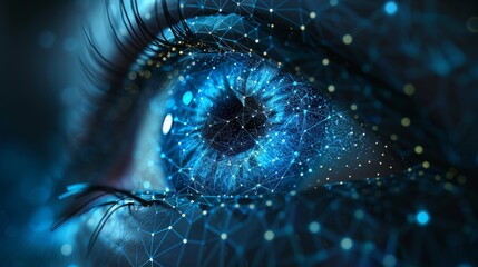 Fototapete - An eye with low poly wireframe technology. Futuristic concept.  mesh eye spheres captured from flying debris. Abstract blue structure style illustration. Science fiction polygonal image of an