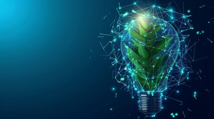 Leinwandbilder - The abstract blue glowing light bulb has a green plant inside. Low poly style design with abstract geometric background. Wireframe light connection structure. Modern 3d graphic concept.