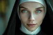 Beauty nun female. Cute church portrait with attractive girl. Generate Ai