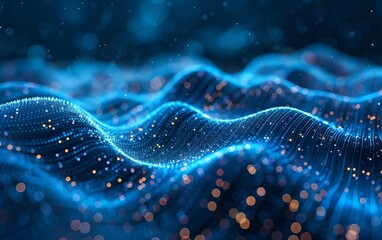 Poster - A futuristic deep blue tech backdrop featuring digital patterns, artificial neural networks, quantum computing, and electronic global intelligence.