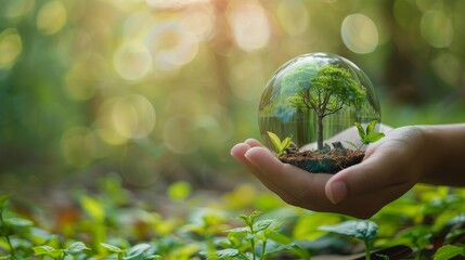 Aufkleber - Green blurry background with a hand holding a glass globe ball with a tree growing. Eco concept.
