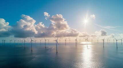 Aufkleber - Offshore windmill park with clouds and a blue sky, photo of windmills in the ocean 