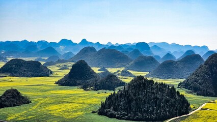 Canvas Print - Green countryside with fields in Loupin Rooster Hills, China