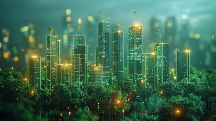Poster - In silhouette, the city is wrapped in neon ribbons and sprouts on top. City greening. City landscaping technologies. Plexus lines and points.