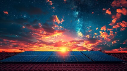 Aufkleber - Alternative electricity source. Collage of solar panels, photovoltaics on a red roof and sunset. Alternative electricity source.