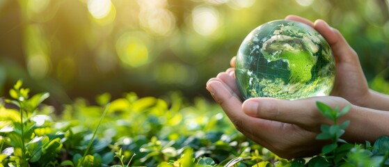Poster - An ecological concept of hands protecting the globe of a green tree against the tropical summer background of a tropical nature
