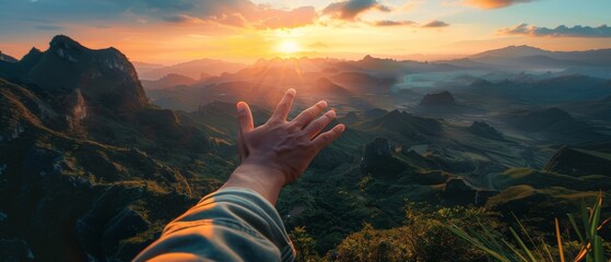 Poster - Sunrise and beautiful landscape with young man reaching for the mountains