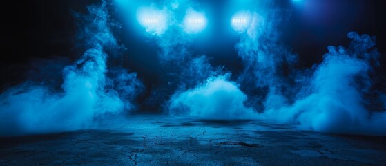 Poster - Dark stage shows with dark blue backdrop, an empty dark scene with neon light and spotlights. An asphalt floor and studio room with smoke float up the texture of the interior.