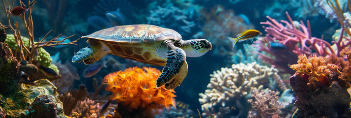 Poster - coral reef with fish and turtle