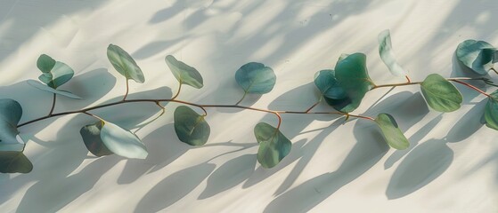 Canvas Print - A green eucalyptus branch with beautiful shadows against an empty light gray background. The perfect backdrop for a product presentation. Beauty cosmetic advertising display mockup. A minimalist