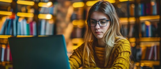 Poster - Using a netbook to learn language in online courses, e-learning education concept, webinar learning, video tutorials, internet lessons, young woman