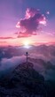 A lone cross silhouetted against a breathtaking sunset, with purple hues reflecting off the clouds and enveloping mountain mists.