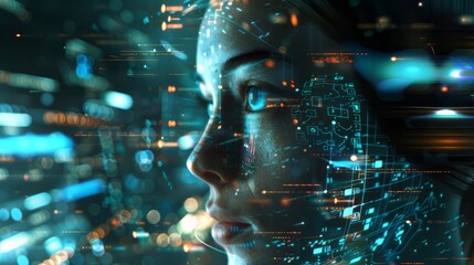 Poster - A woman's face is shown in a computer screen with a lot of lights and numbers. The image gives off a futuristic and technological vibe, with the woman's face being the main focus