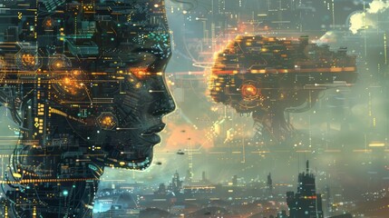 Aufkleber - A futuristic cityscape with a woman's face in the center. The city is filled with tall buildings and a large tree. Scene is futuristic and mysterious