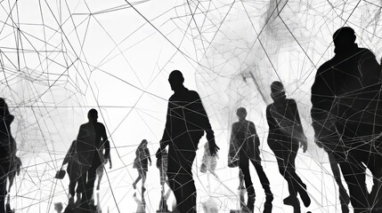 Poster - Black and white silhouettes of people overlap and in  AI generated illustration