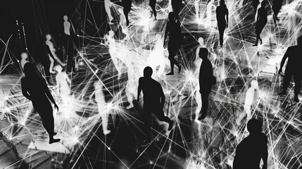 Poster - Black and white silhouettes of people overlap and in  AI generated illustration