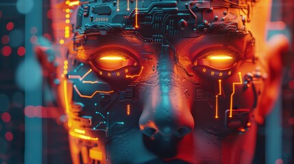 Aufkleber - A man's face is lit up with bright orange lights, giving it a futuristic and robotic appearance