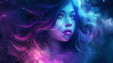 Enigmatic Woman Amidst A Cosmic Dream, Ethereal Beauty In A Celestial Space With Vivid Colors In Artistic Digital Illustration. AI