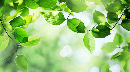 Wall Mural - Spring concept background. Blurry green leaves of spring or summer trees isolated on sunny sky background. 