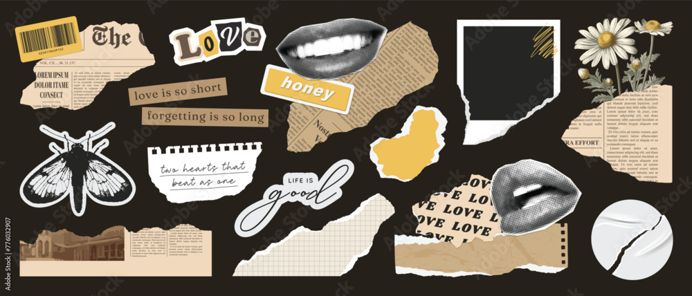 Set of paper cut elements, rip newspaper, collage mouth, scrap notebook ...