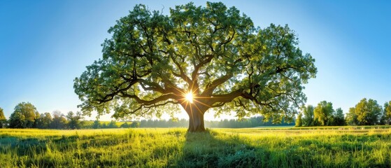 Sticker - Stunning panorama of a majestic green oak tree on a meadow with a clear blue sky in the background.