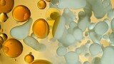Fototapeta Dmuchawce - Freeze Motion Shot of Moving Oil and Milk Bubbles on Golden Background, Cosmetics Concept