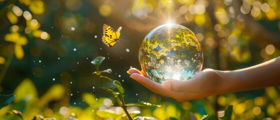 Wall Mural - Card for World Earth Day featuring a crystal glass globe ball and a growing tree in a human hand on a green sunny background. Saving the environment, saving the planet, ecology.