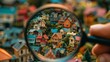 Exploring a charming neighborhood of colorful mini houses under a magnifying glass   AI generated illustration