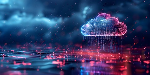 Poster - seamless cloud backup visualized through flowing binary data and glowing neon aesthetic