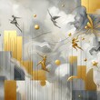 Background with abstract illustration, figures, and golden brushstrokes. Oil on canvas. Modern art. Grey, poster, card, mural, print, wall art