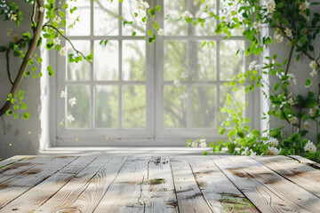 Poster - White wood table with large spring window and copy space