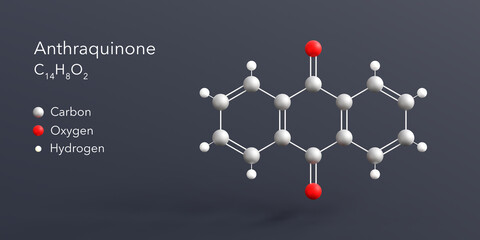 Sticker - anthraquinone molecule 3d rendering, flat molecular structure with chemical formula and atoms color coding