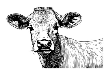 Wall Mural - Vintage Hand-Drawn Cow Head: Sketch Illustration of Dairy Farm Vector Icon.