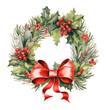 Watercolor Christmas wreath with spruce branches, holly berries and red bow