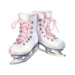 Watercolor illustration of figure skates with pink laces isolated on white background.