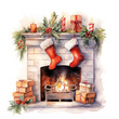 Watercolor  fireplace with stockings, candles and gifts isolated on white background.