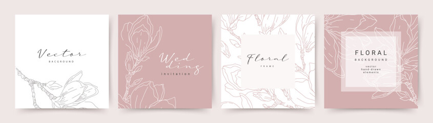 Wall Mural - pink abstract backgrounds with hand drawn floral elements of minimal line art. vector design templat