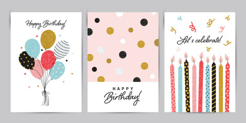 Happy Birthday greeting card and invitation templates with glitter elements. Vector illustration