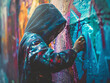 A boy is painting graffiti on a wall. The painting is colorful and vibrant, with a mix of different shades and hues. The boy is wearing a hoodie and he is focused on his work

